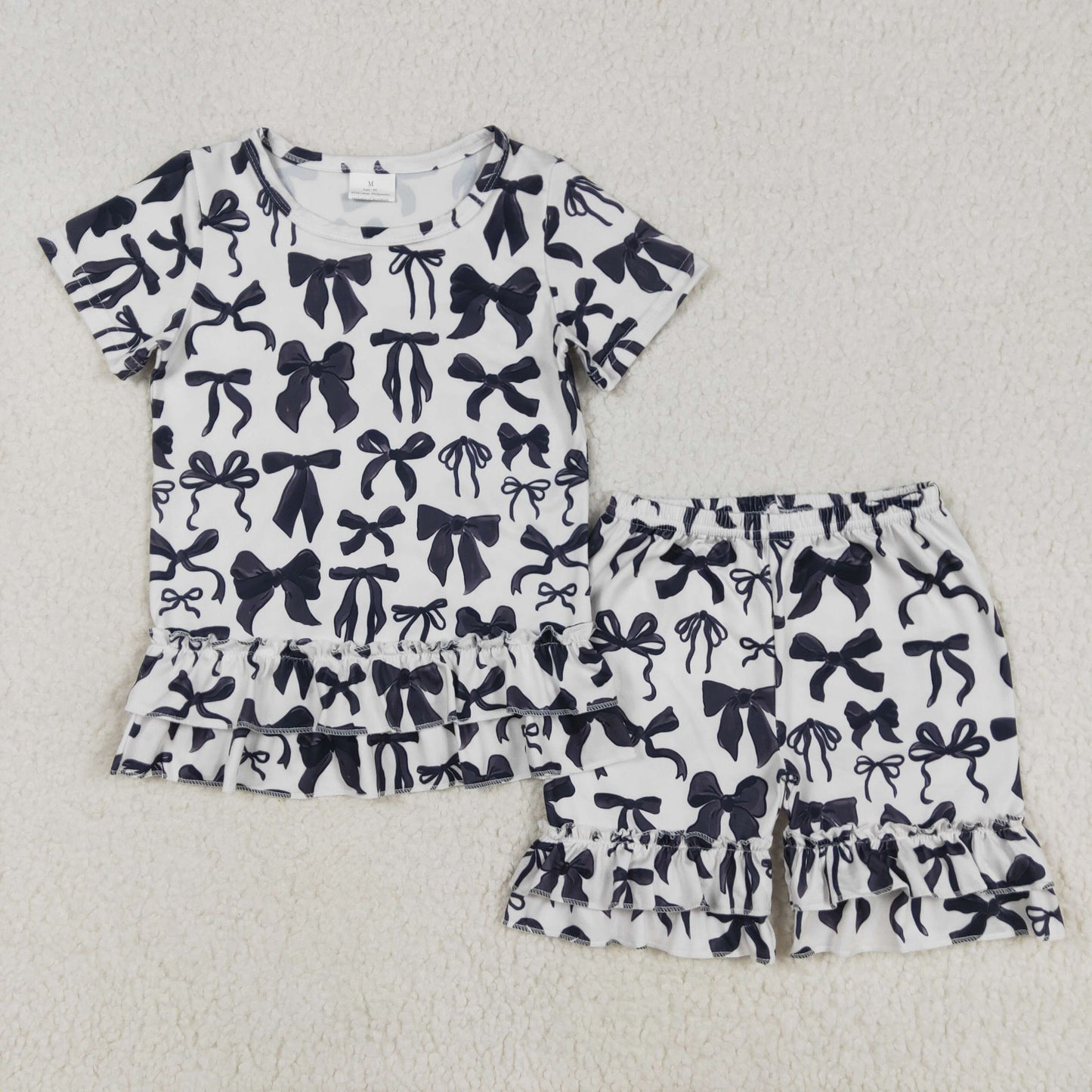 RTS NO MOQ（In Stock) Black short-sleeved shorts set with bow pattern