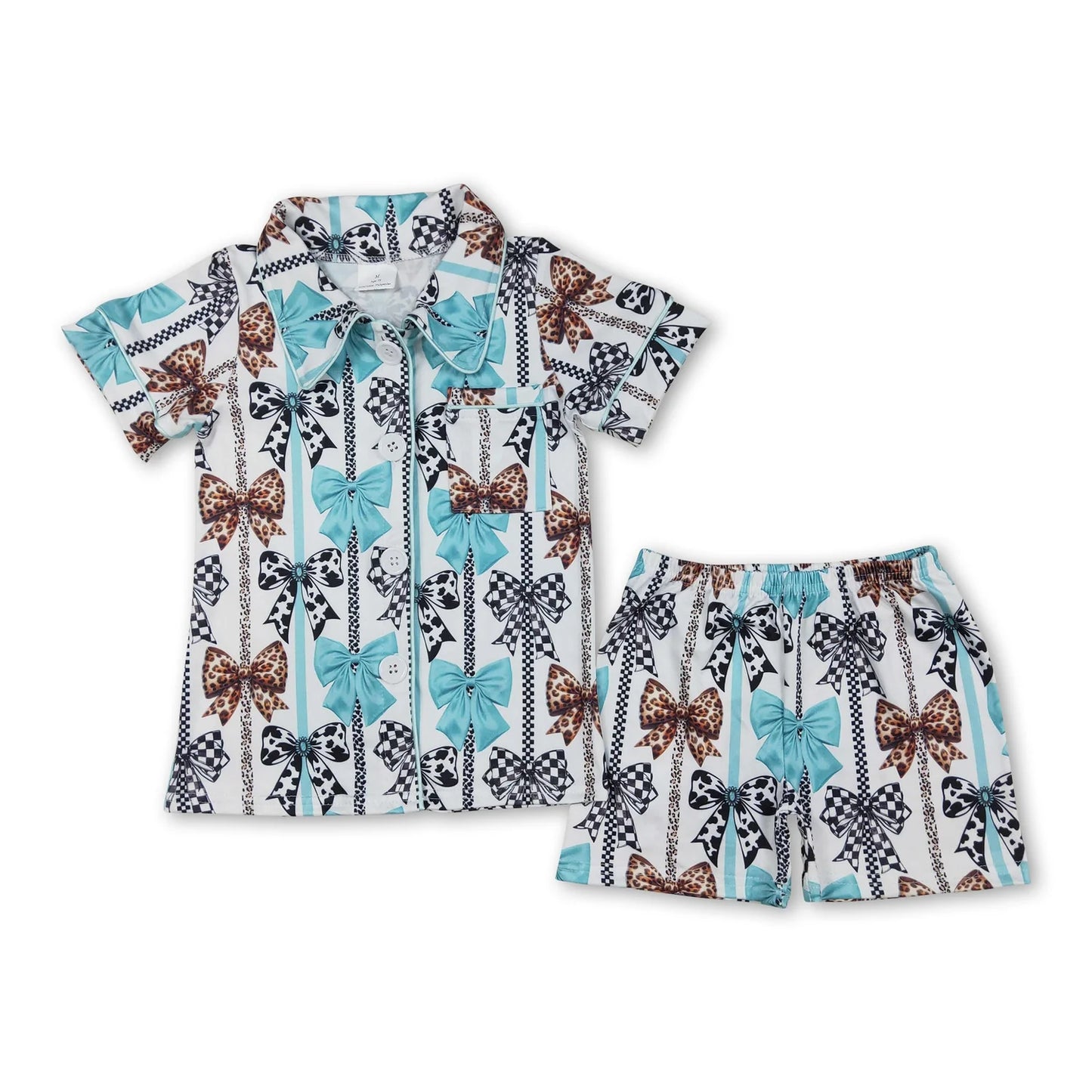 RTS NO MOQ Sibling milk silk Baby Girls Colorful Bow Button Pocket Short Pajama Set