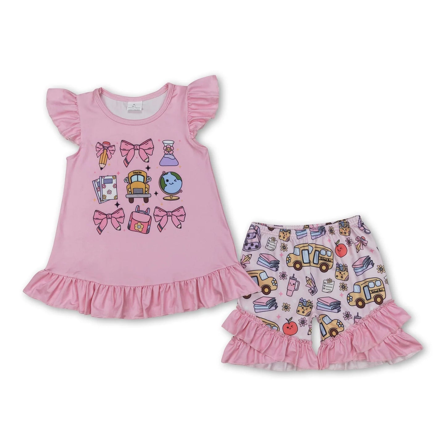 RTS NO MOQ Sibling milk silk Baby Girls Back To School Apple Pencil Print Tunic Top Shorts Set