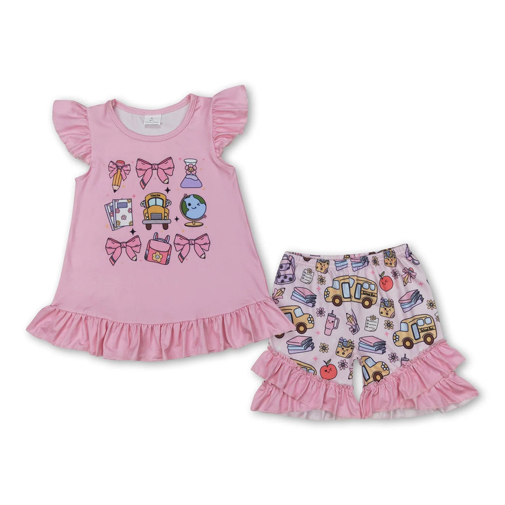 RTS NO MOQ Sibling milk silk Baby Girls Pink Bow Pencil Print Tunic Top Ruffle Elastic Waist Shorts Back To School Set Dresses(2T-14-16T）
