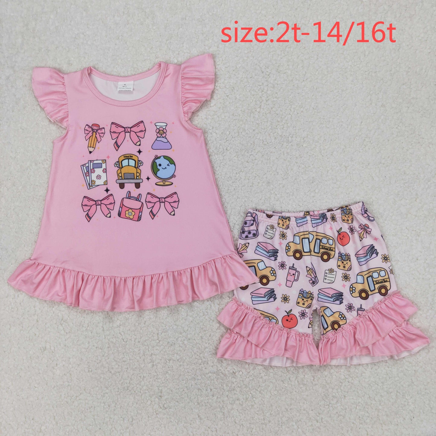 RTS NO MOQ ETA 5/7days Arrived GSSO1910 School bus pencil apple pink bow flying sleeve shorts set