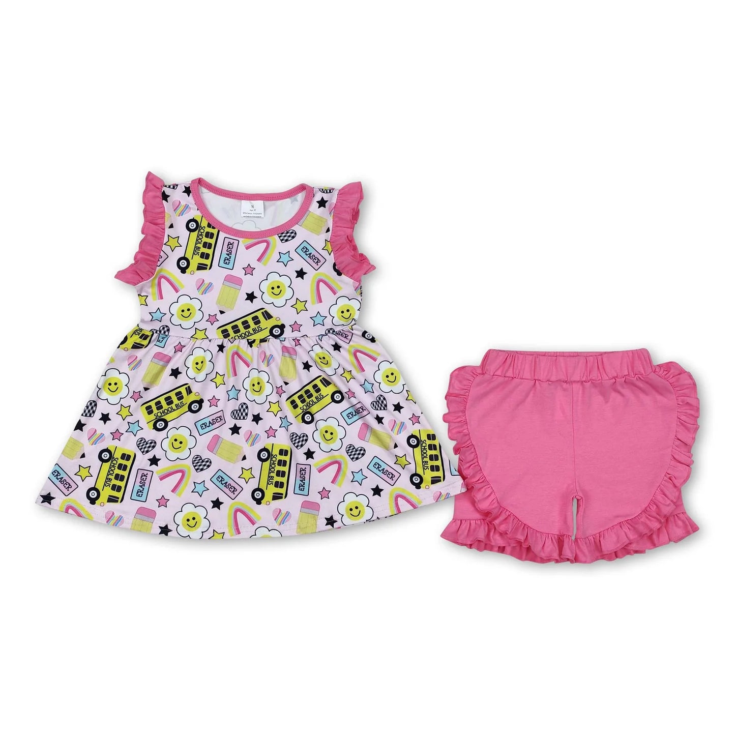 RTS NO MOQ Sibling milk silk Baby Girls Bus Print Back To School Tunic Top Ruffle Shorts Clothes Sets Dress