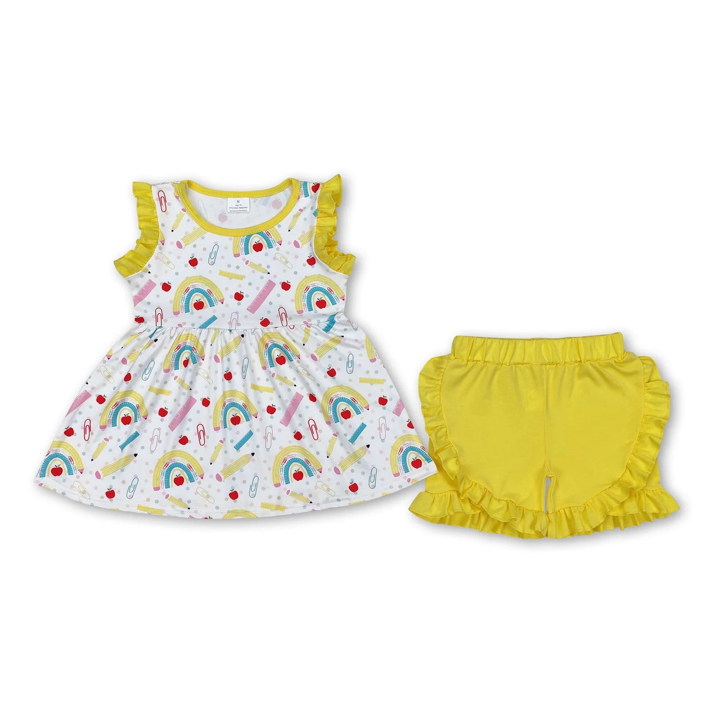 RTS NO MOQ Sibling milk silk Baby Girls Apple Pencil Print Back To School Two Piece Ruffle Outfit