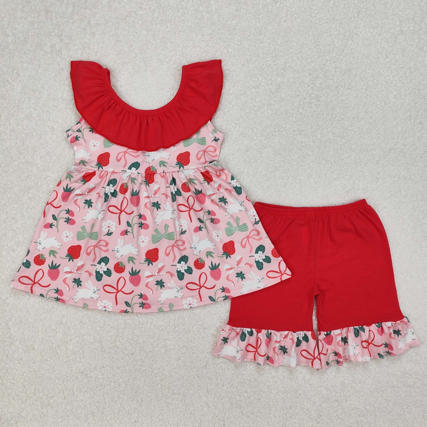 RTS NO MOQ ETA 5/7days Arrived GSSO1914 Easter bunny strawberry red lace bow sleeveless shorts suit