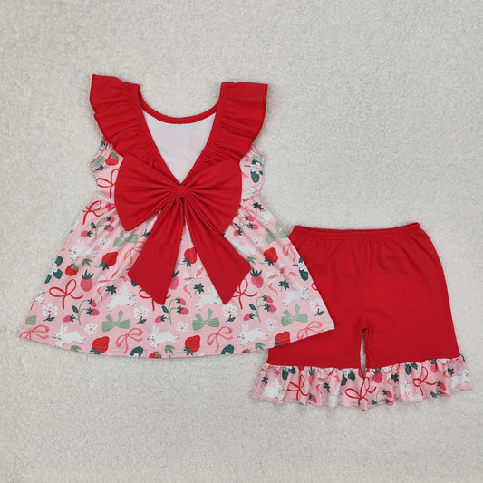 RTS NO MOQ ETA 5/7days Arrived GSSO1914 Easter bunny strawberry red lace bow sleeveless shorts suit