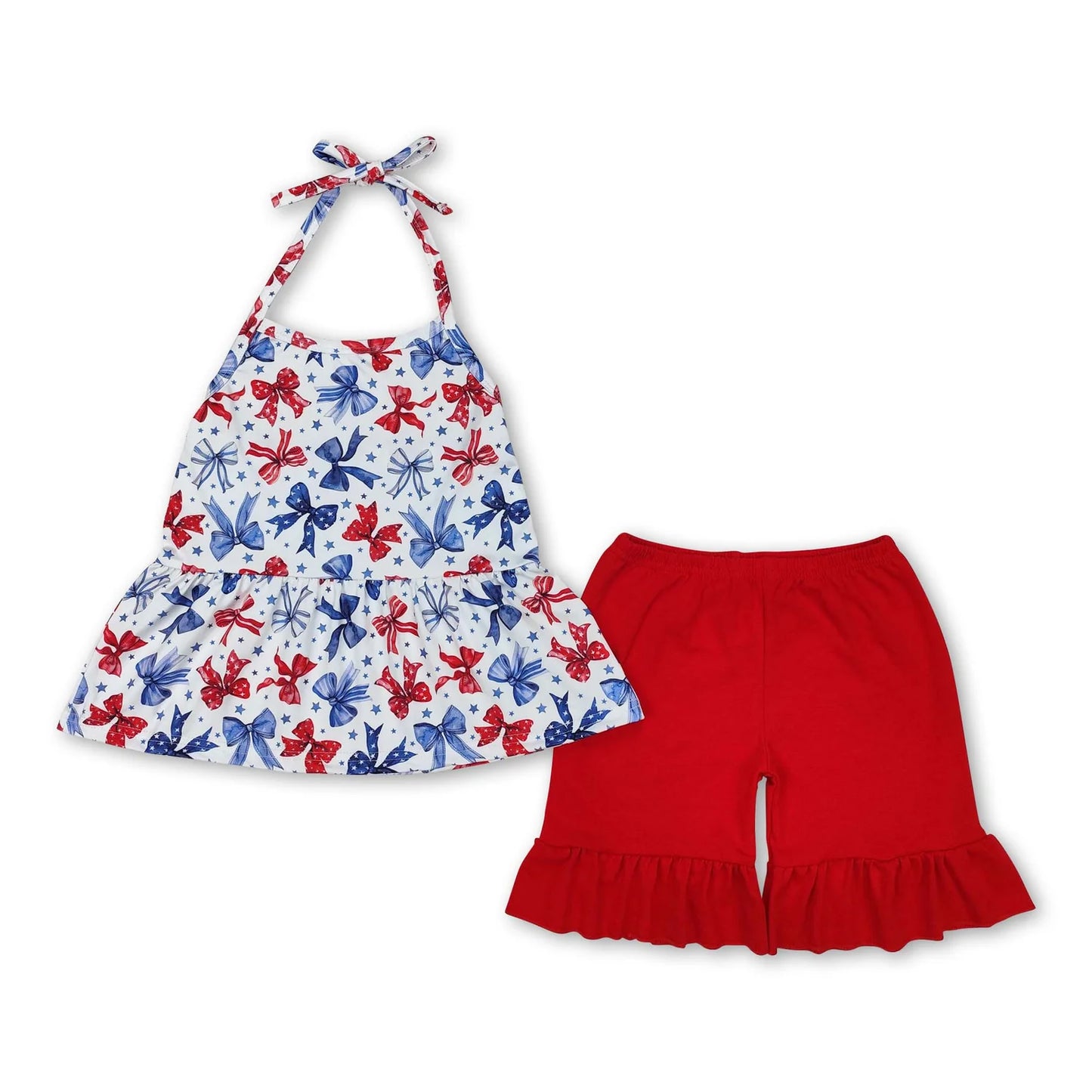 RTS NO MOQ Sibling milk silk Baby Girls 4th Of July Bows Tunic And Shorts Clothes Set Rompers Dress