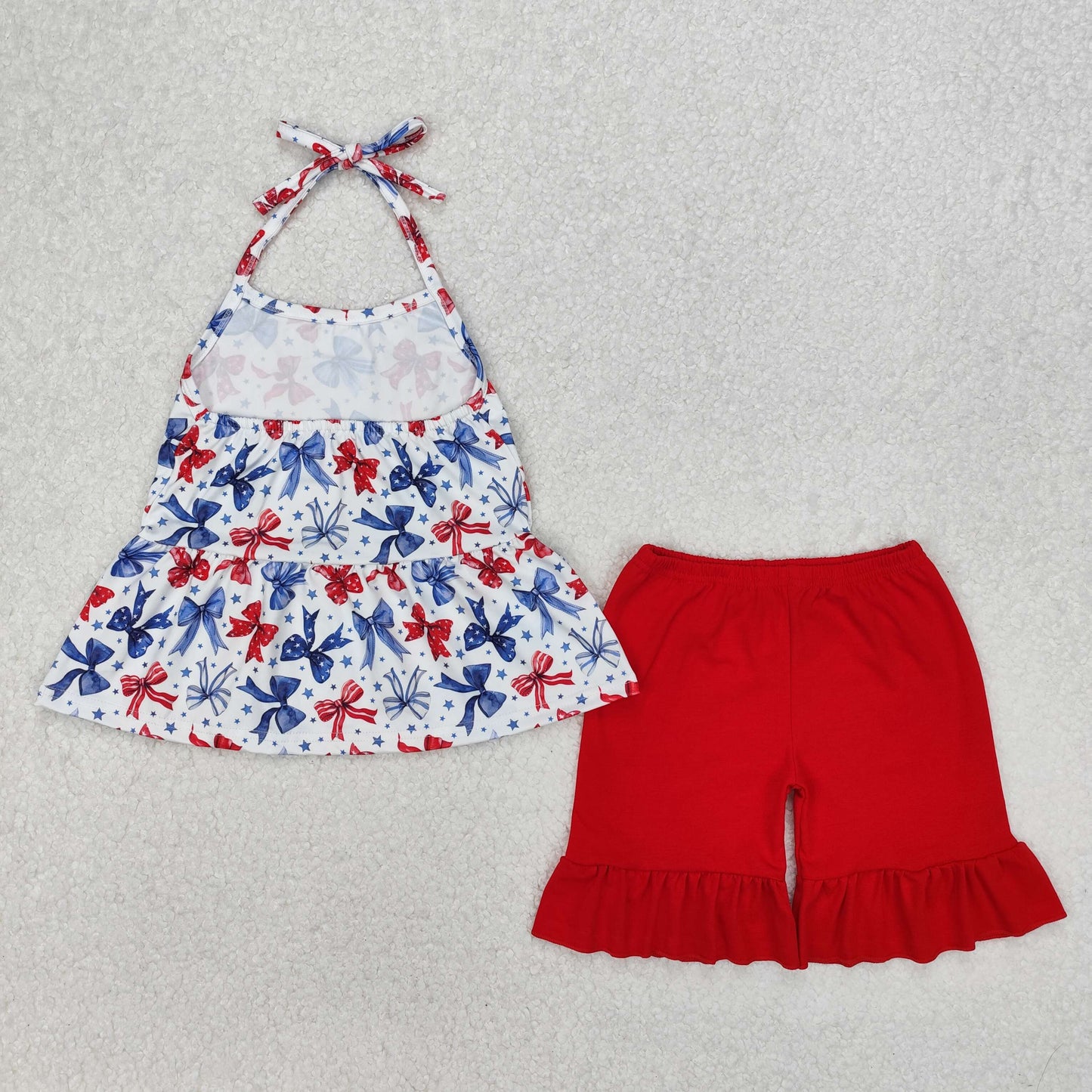 RTS NO MOQ ETA 5/7days Arrived GSSO1928 National Day bow pattern white suspenders red shorts set