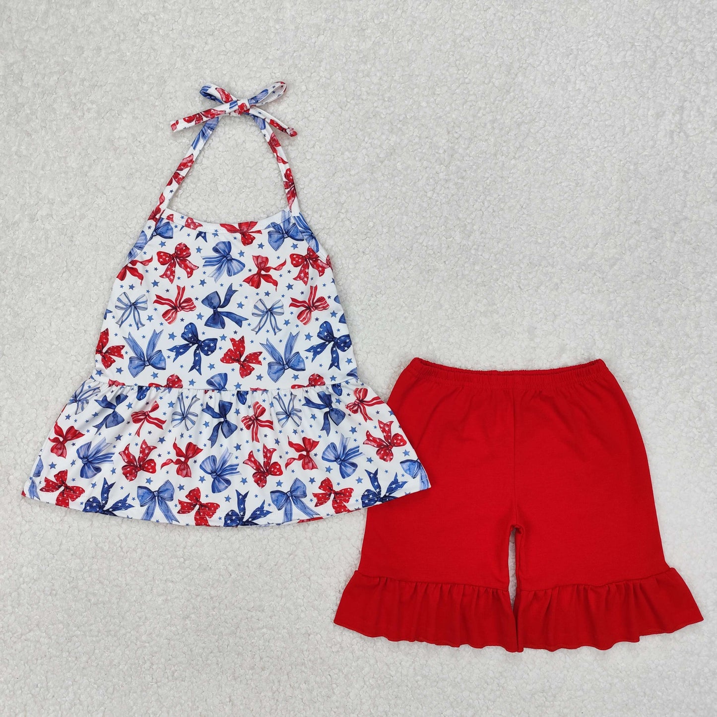 RTS NO MOQ ETA 5/7days Arrived GSSO1928 National Day bow pattern white suspenders red shorts set