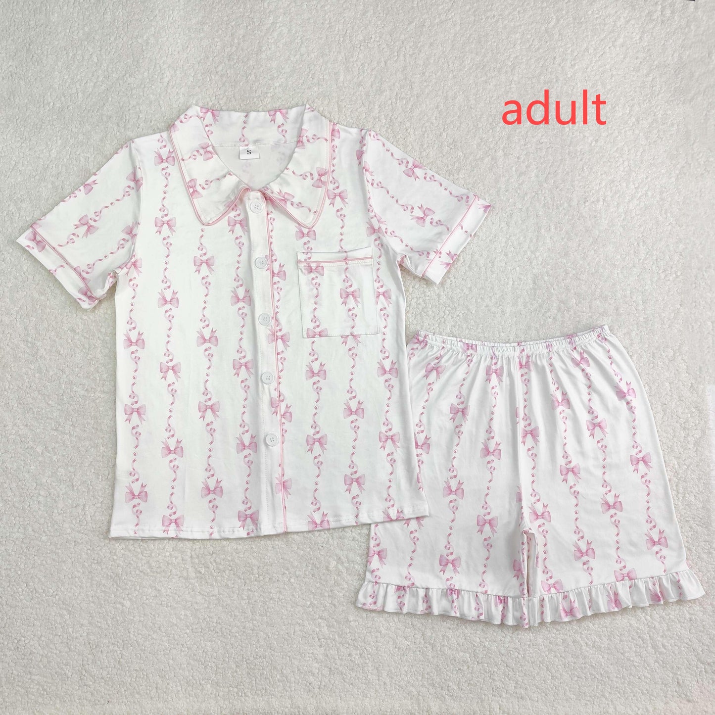 RTS NO MOQ ETA 5/7days arrived GSSO1944 Adult female bow pattern ribbon white short-sleeved shorts pajama set