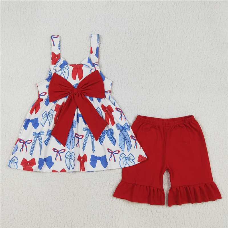 RTS NO MOQ Girls clothes floral 4th of july bow short sleeve Clothes Sets romper