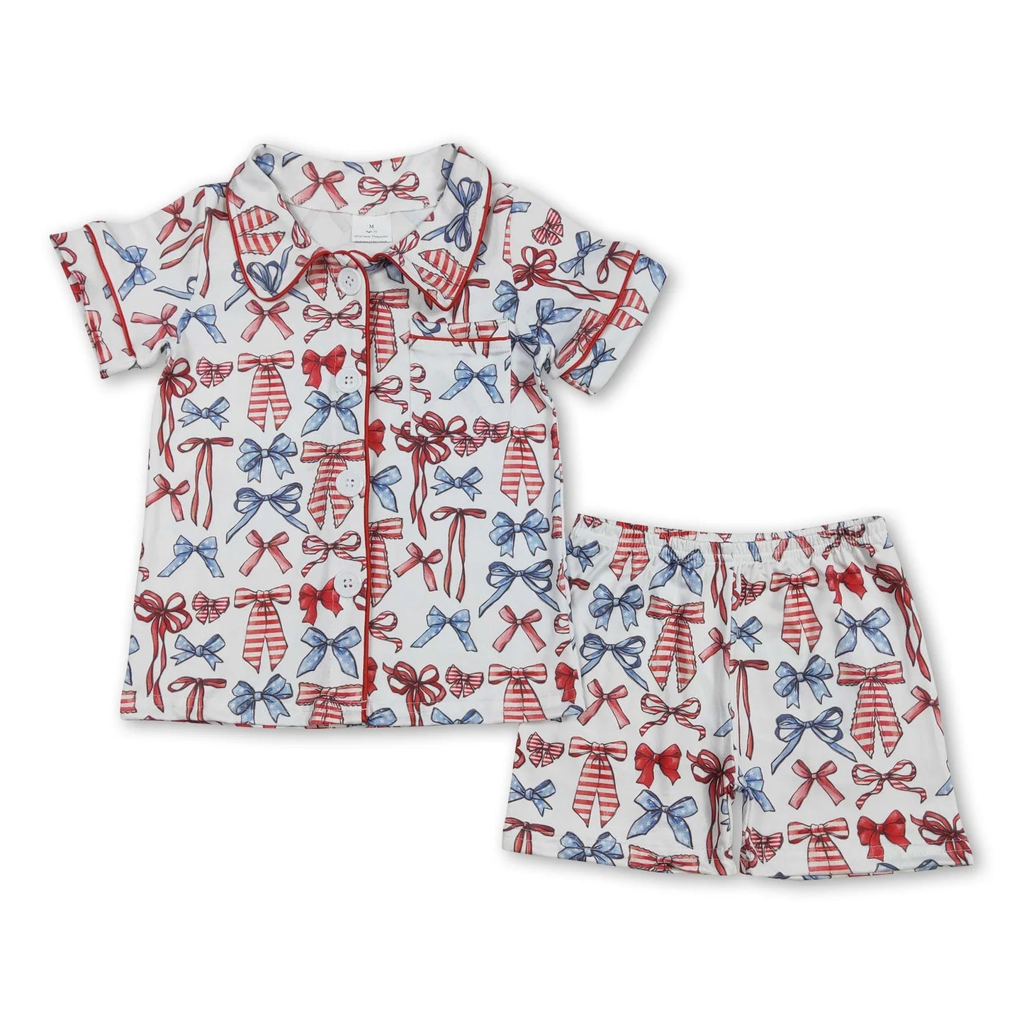 RTS NO MOQ Sibling milk silk Baby Girls Colorful Bow Button Pocket Short Pajama Set