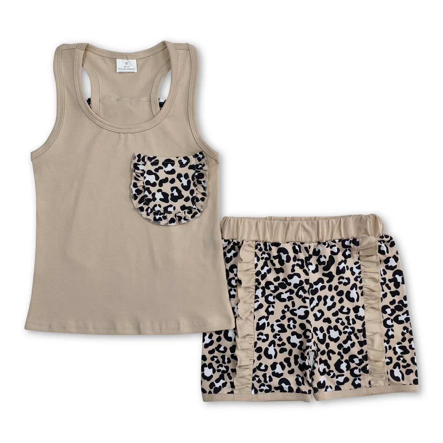 RTS NO MOQ Sibling milk silk Baby Girls Pocket Bow Vest Ruffle Leopard Shorts Clothes Set