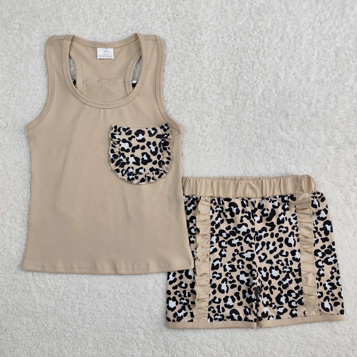 RTS NO MOQ ETA 5/7days Arrived GSSO1979 Leopard print pocket bow solid brown vest shorts set