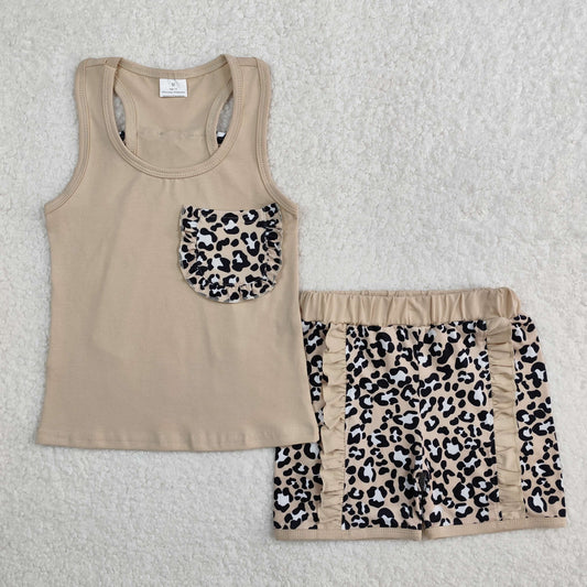 RTS NO MOQ ETA 5/7days Arrived GSSO1979 Leopard print pocket bow solid brown vest shorts set