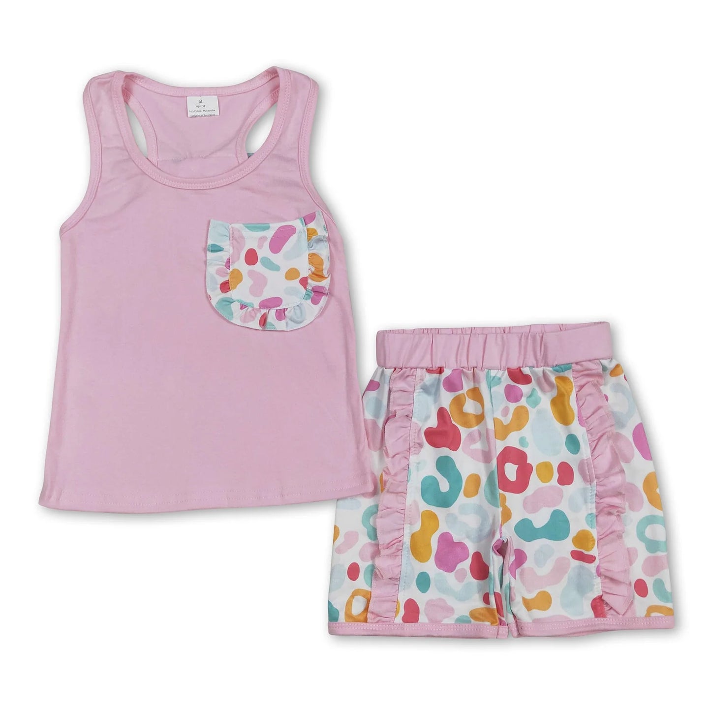 RTS NO MOQ Sibling milk silk Baby Girls Pocket Bow Vest Ruffle Leopard Shorts Clothes Set