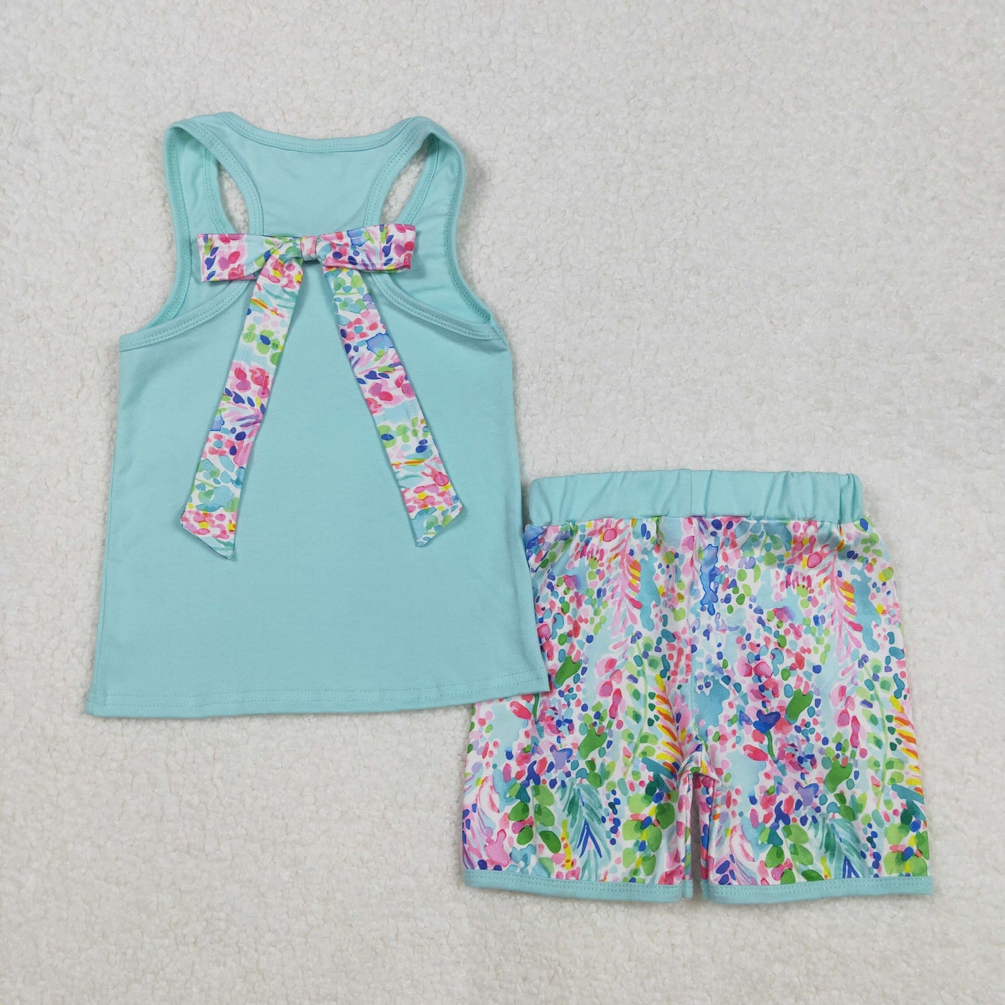 RTS NO MOQ ETA 5/7days Arrived GSSO1982 Seagrass lace pocket bow solid light blue vest shorts set