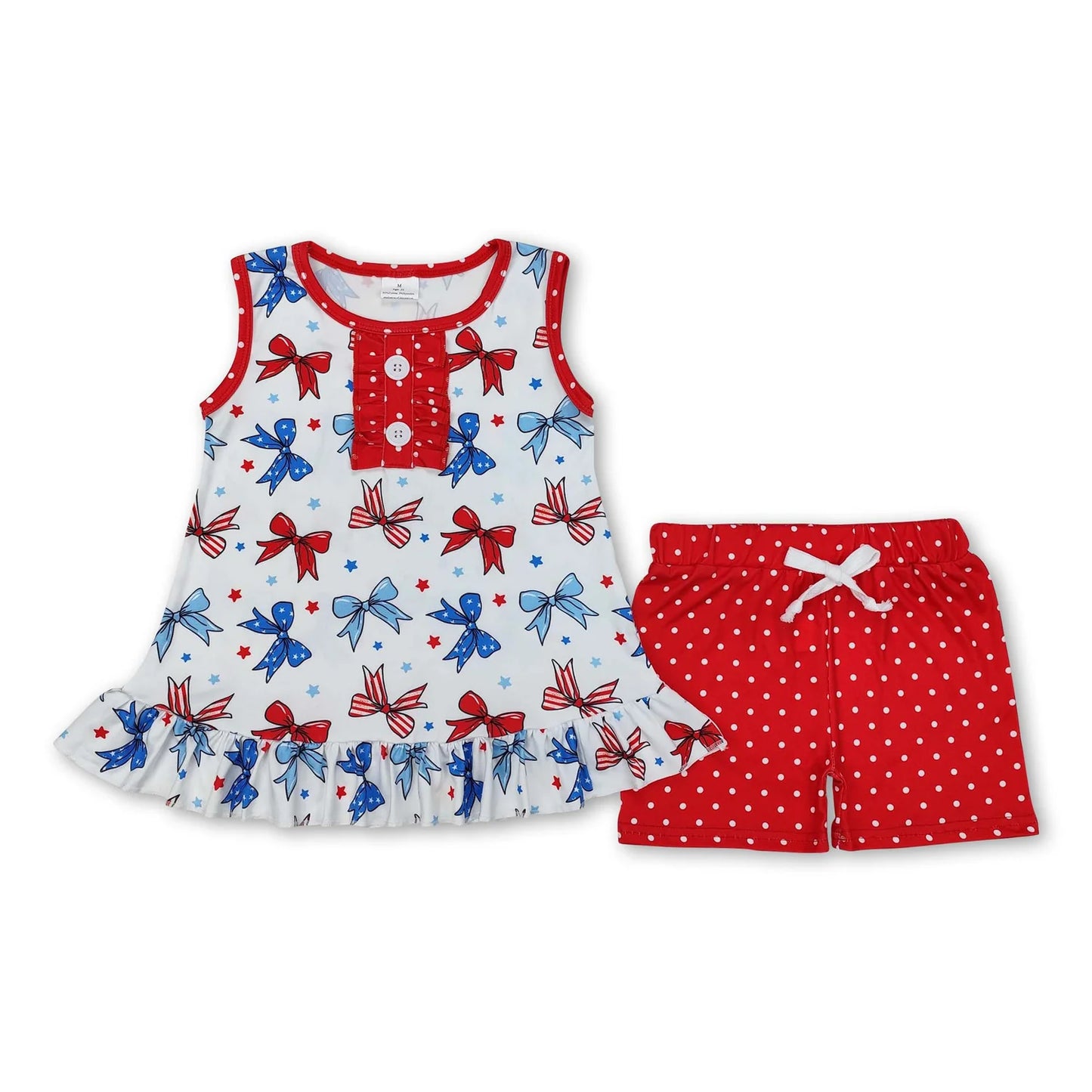RTS NO MOQ Sibling milk silk Baby Girls 4th Of July Bows Tunic And Shorts Clothes Set Rompers Dress
