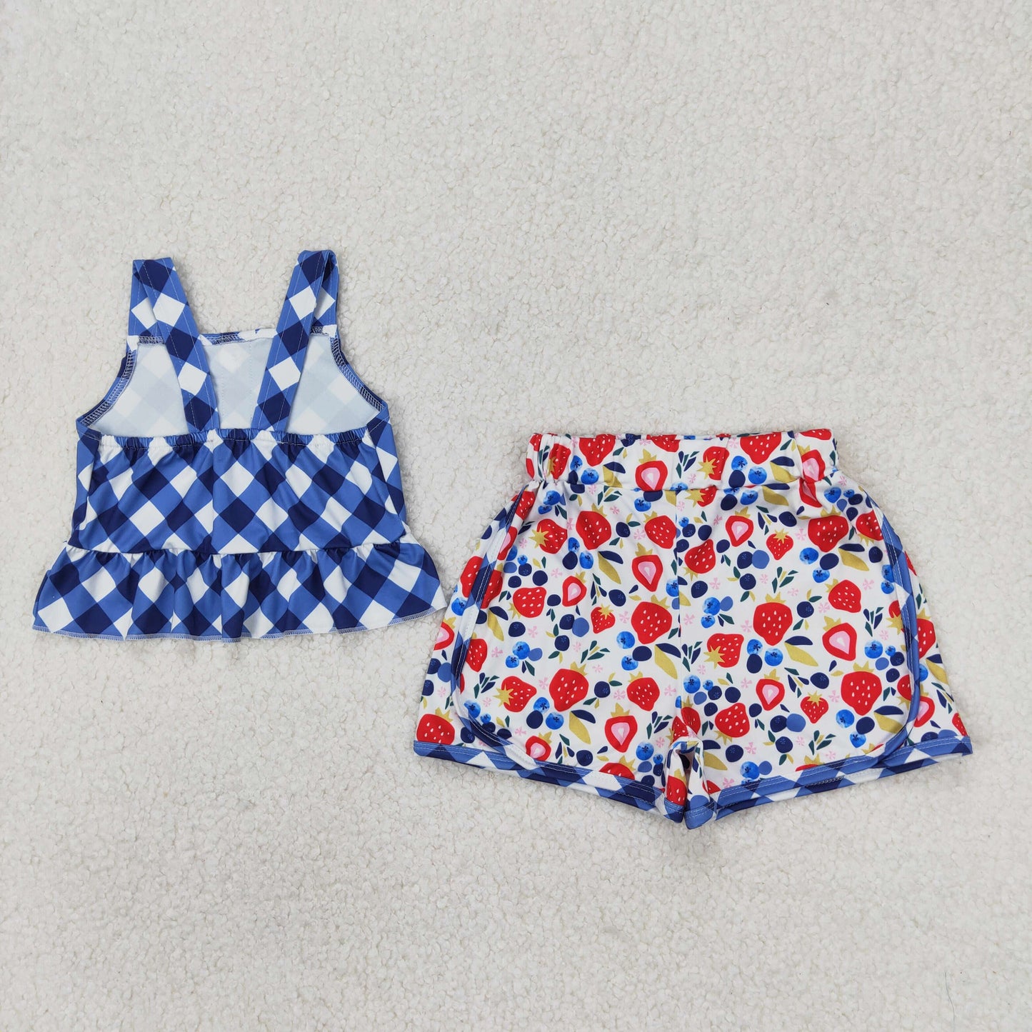 RTS NO MOQ ETA 5/7days Arrived GSSO2025 Blue Plaid Suspender Blueberry Strawberry Shorts Set