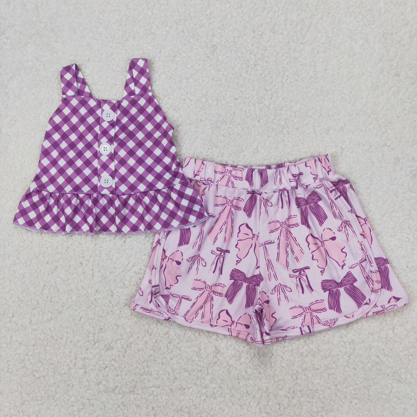 RTS NO MOQ GSSO2035 Purple plaid suspender bow pattern shorts set