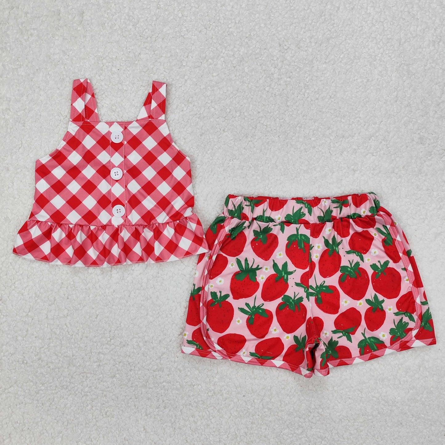 RTS NO MOQ ETA 5/7days Arrived GSSO2037 Red plaid suspenders strawberry flower pink shorts suit