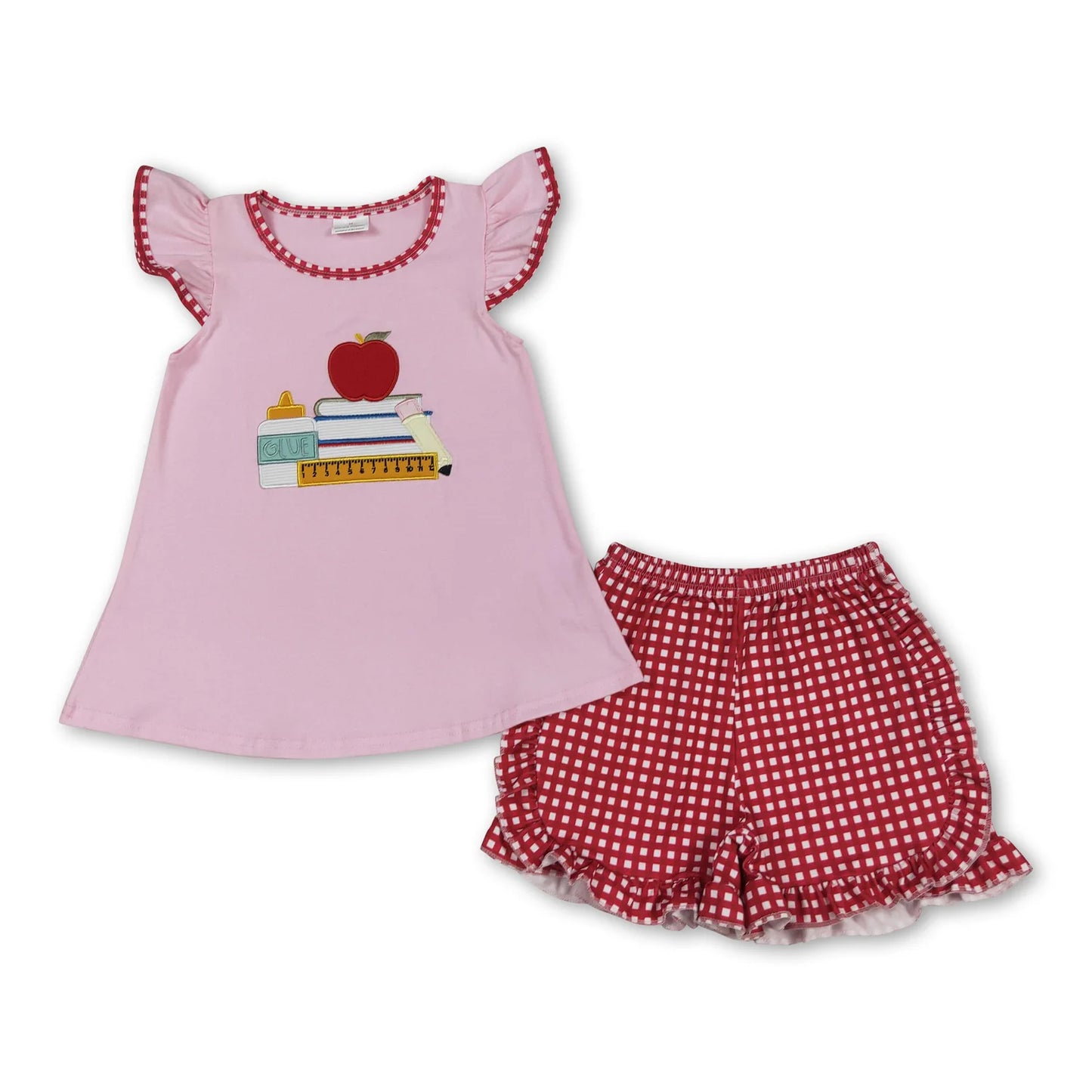 RTS NO MOQ Sibling milk silk Baby Girls Boys Embroidery Apple Pencil Top With Pockets Shorts Back To School Clothes Sets