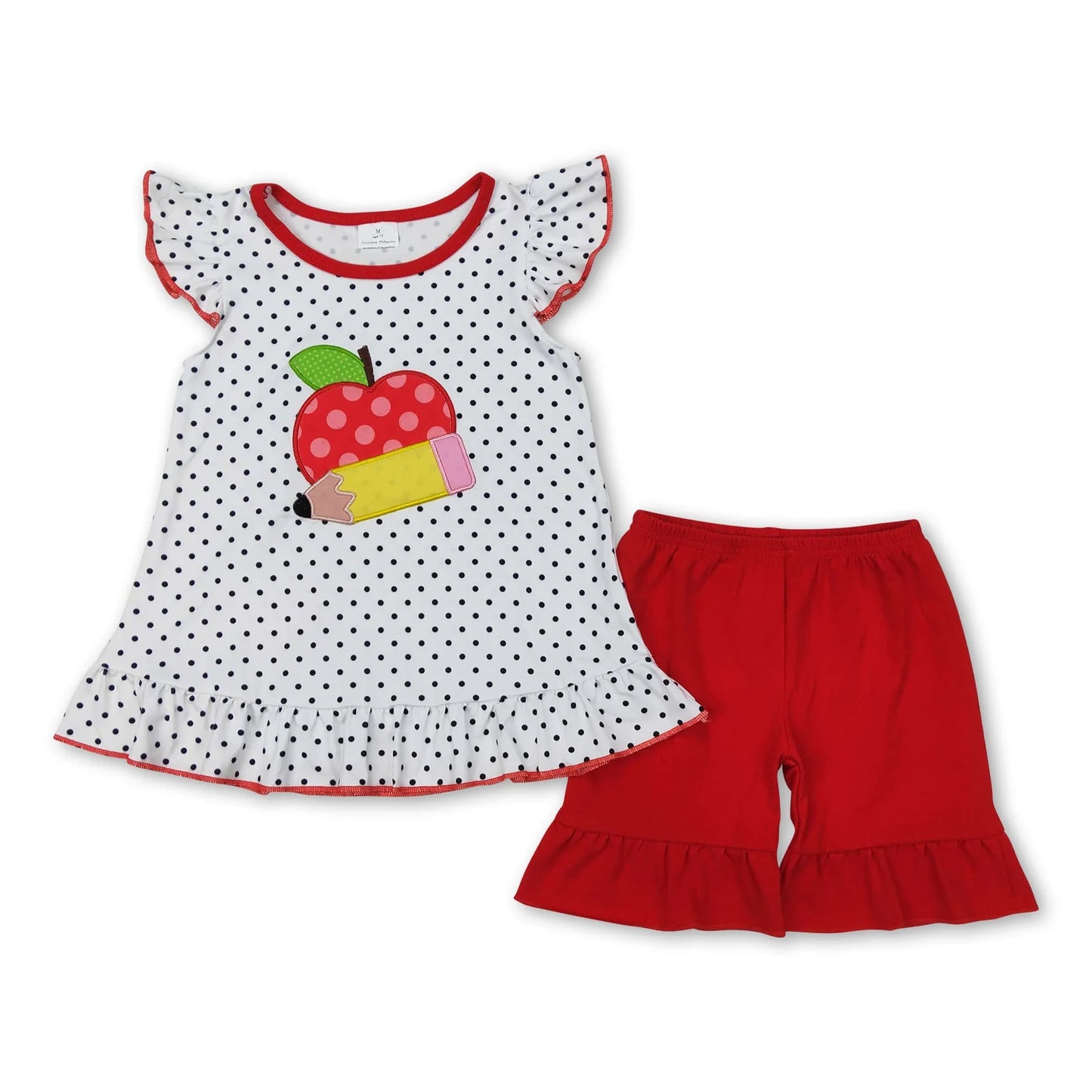 RTS NO MOQ Sibling milk silk Baby Girls Back To School Apple Pencil Print Tunic Top Shorts Set