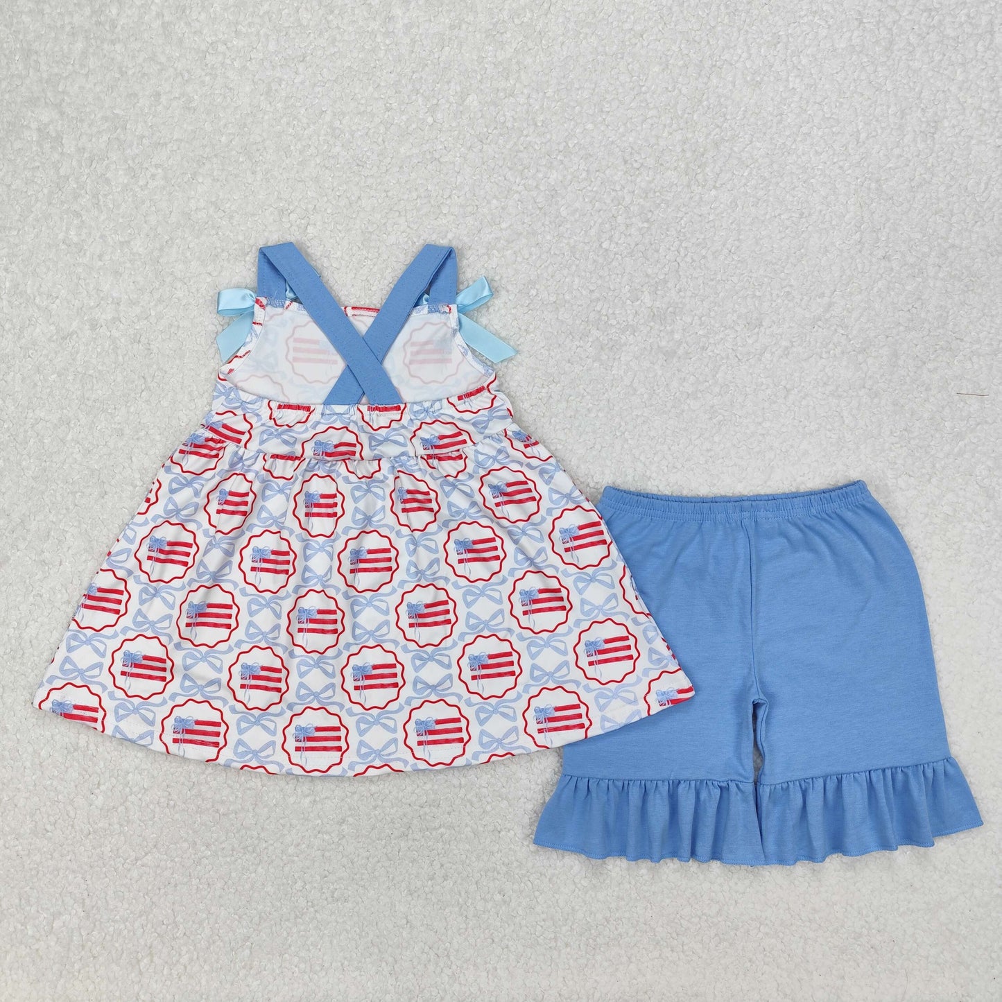RTS NO MOQ ETA 5/7days Arrived GSSO2074 National flag blue bow pattern white suspender lace shorts set