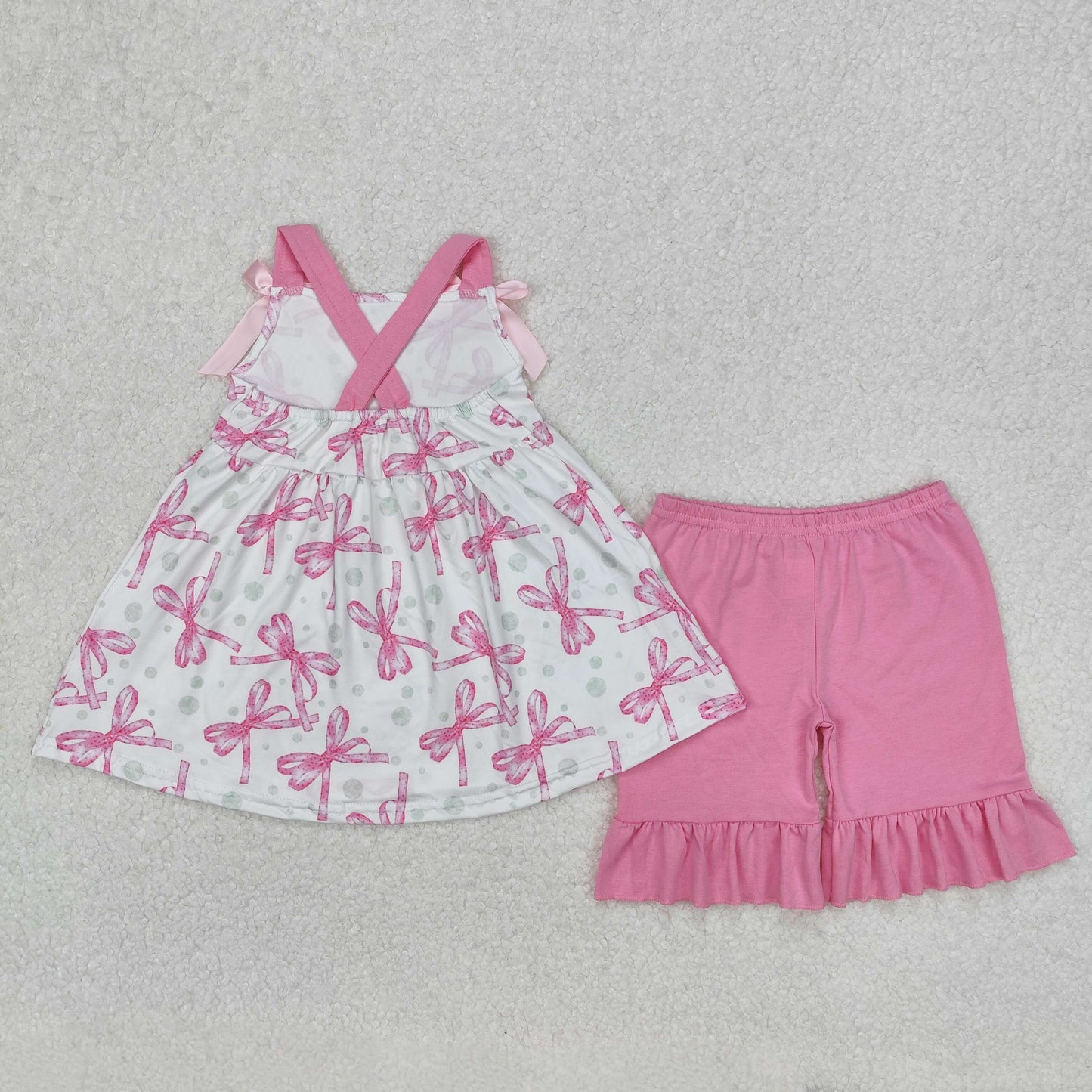 RTS NO MOQ ETA 5/7days Arrived GSSO2075 Pink bow bubble pattern white suspender lace shorts set