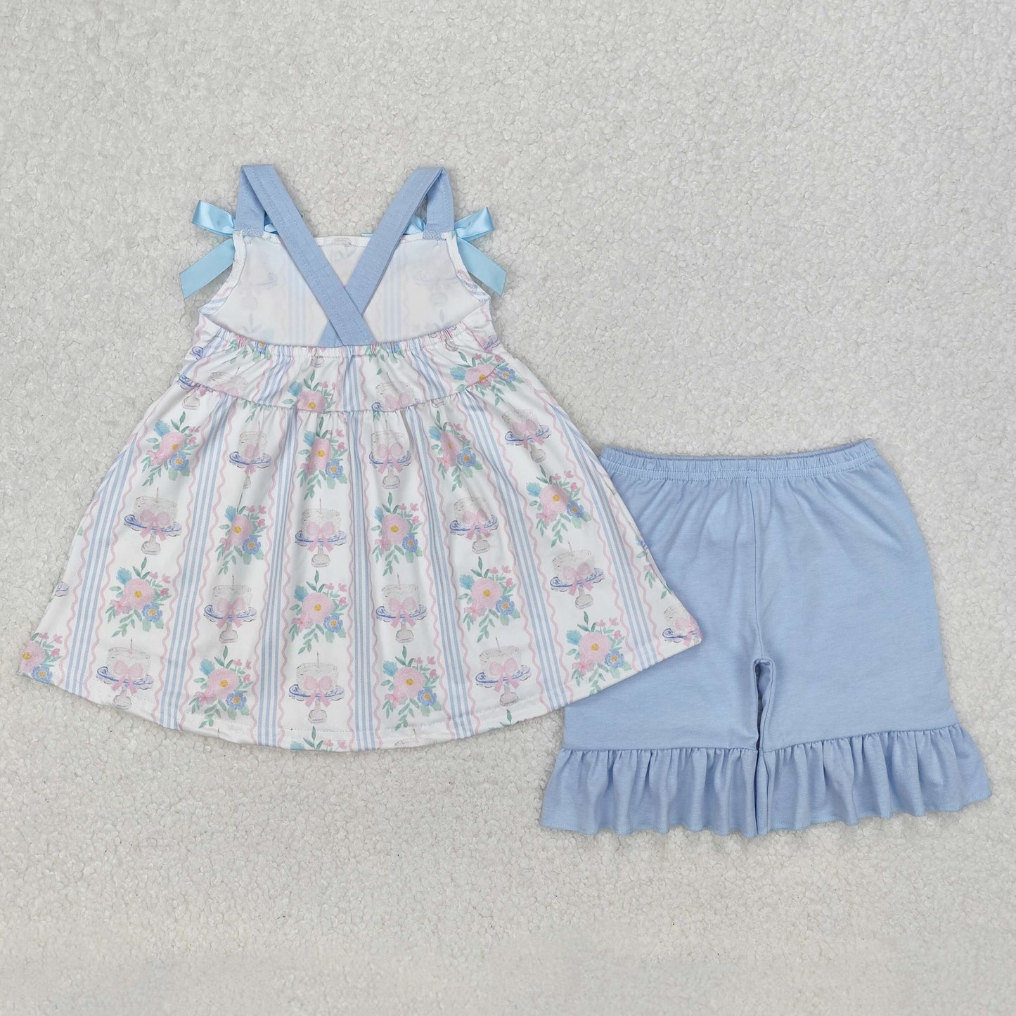 RTS NO MOQ ETA 5/7days Arrived GSSO2087 Flower leaf blue stripe wavy line pink bow pattern white sleeveless shorts suit