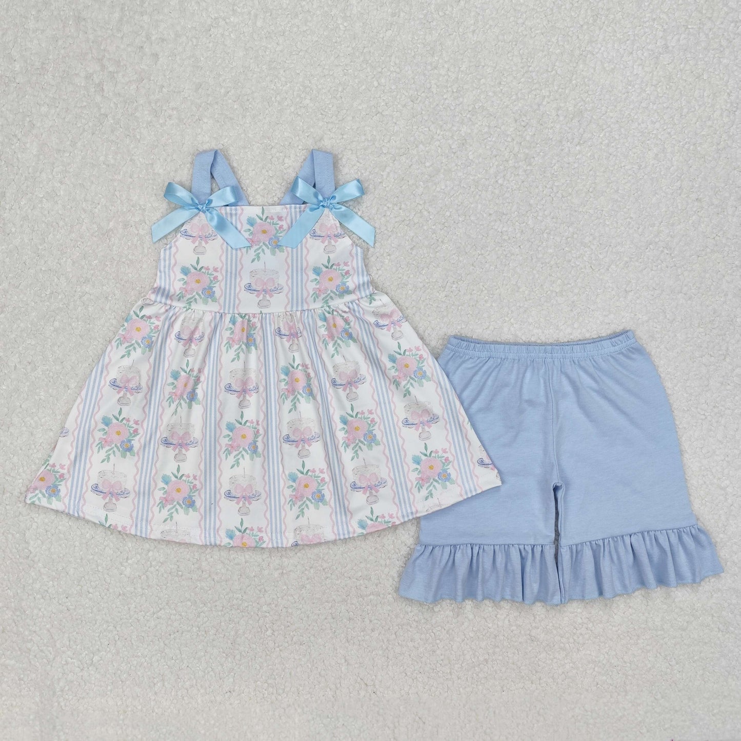 RTS NO MOQ ETA 5/7days Arrived GSSO2087 Flower leaf blue stripe wavy line pink bow pattern white sleeveless shorts suit
