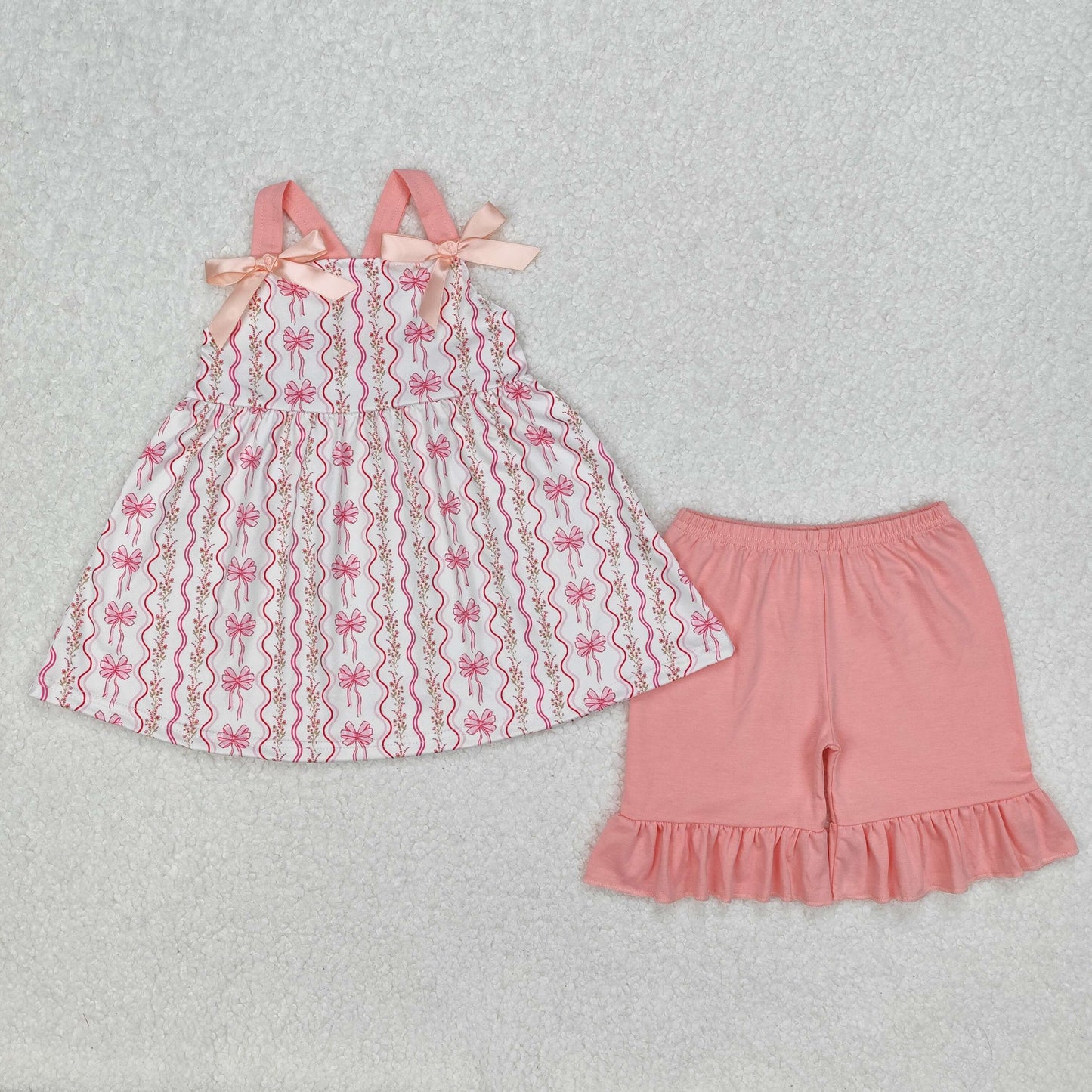 RTS NO MOQ ETA 5/7days Arrived GSSO2094 Pink bow small floral wavy line stripes white suspender lace shorts suit