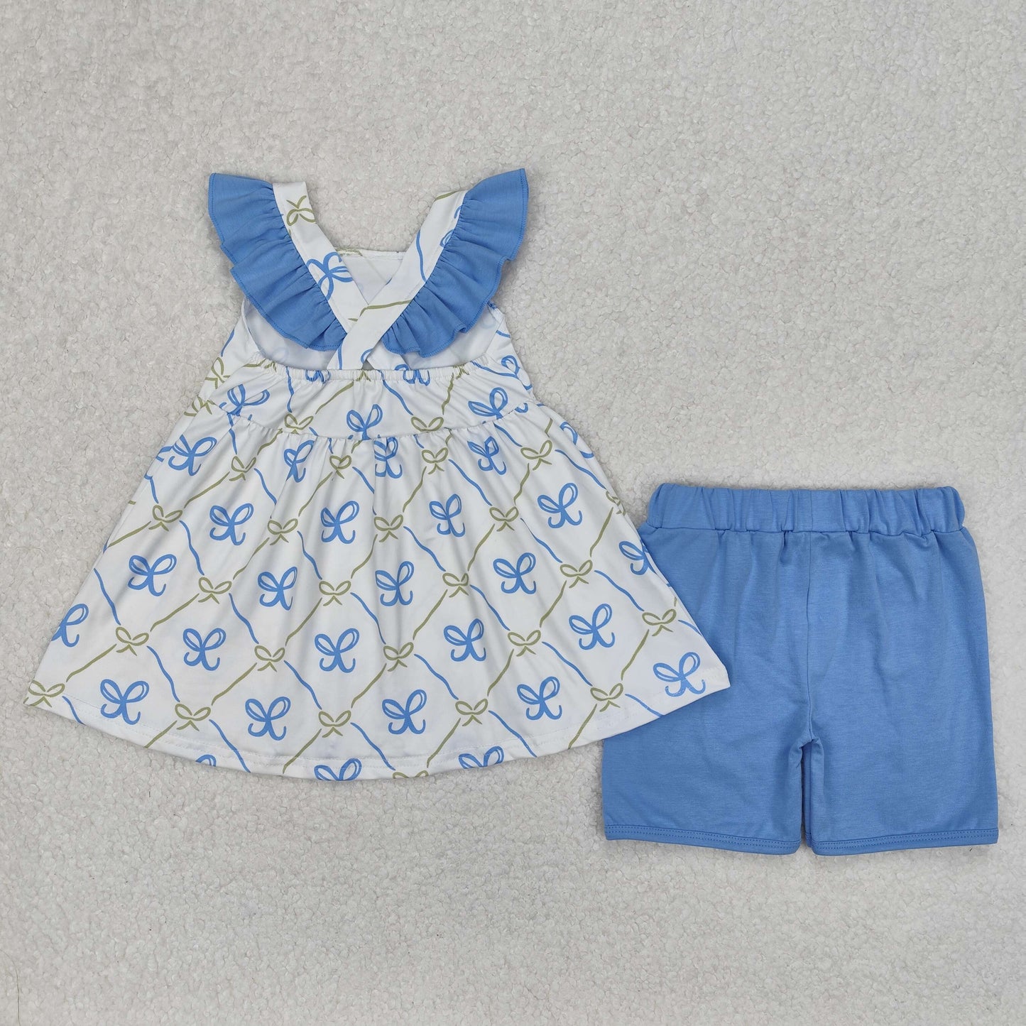 RTS NO MOQ ETA 5/7days Arrived GSSO2109 Bow pattern plaid blue and white flying sleeve shorts set