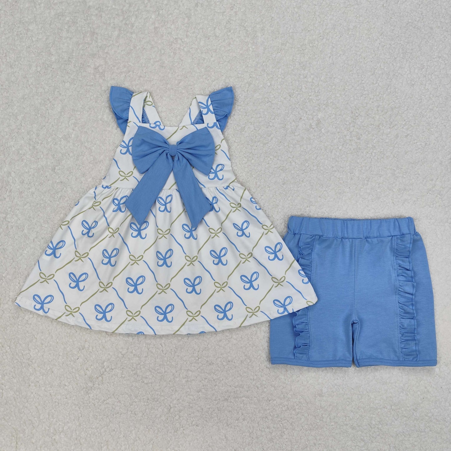 RTS NO MOQ ETA 5/7days Arrived GSSO2109 Bow pattern plaid blue and white flying sleeve shorts set