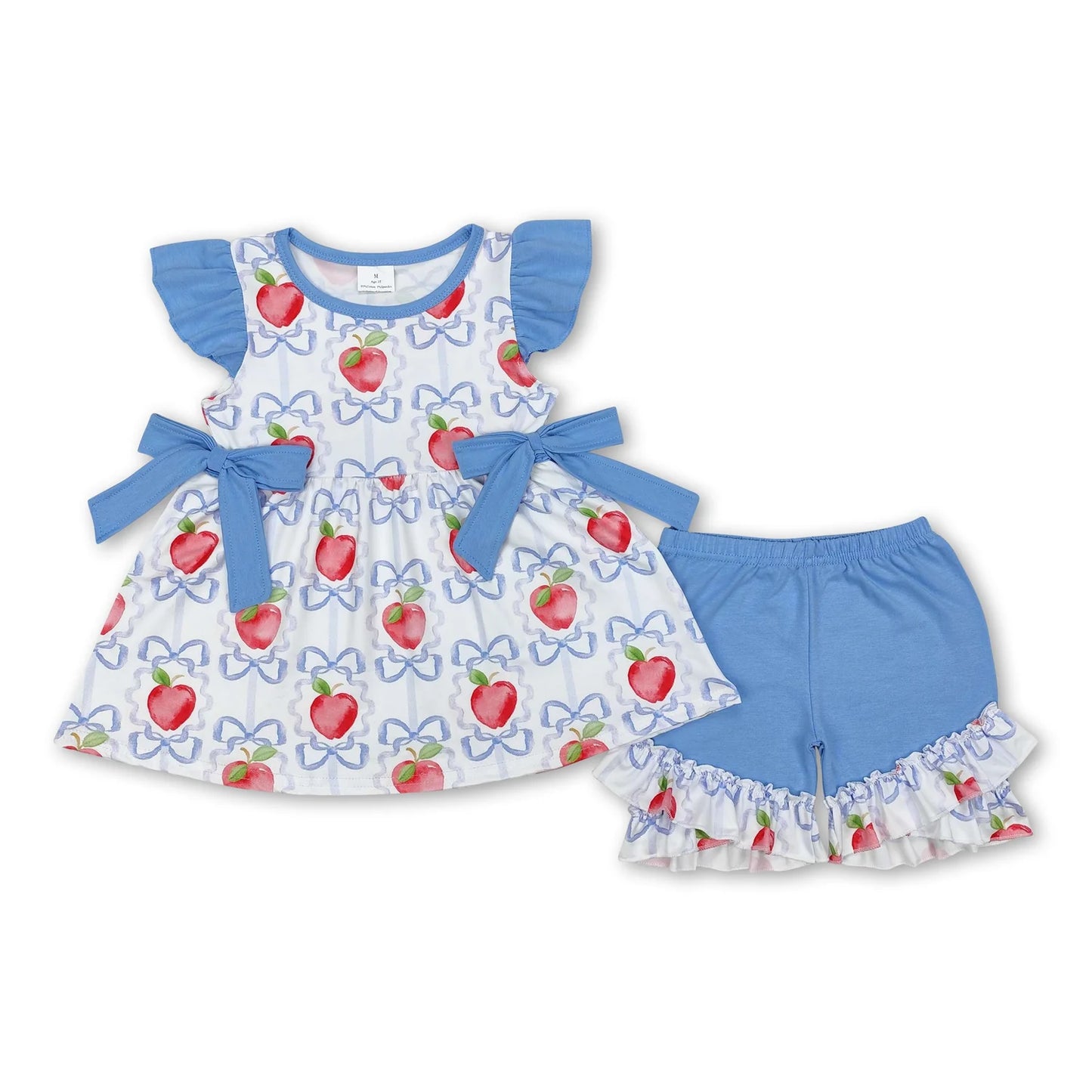 RTS NO MOQ Sibling milk silk Baby Girls Back To School Apple Pencil Print Tunic Top Shorts Set