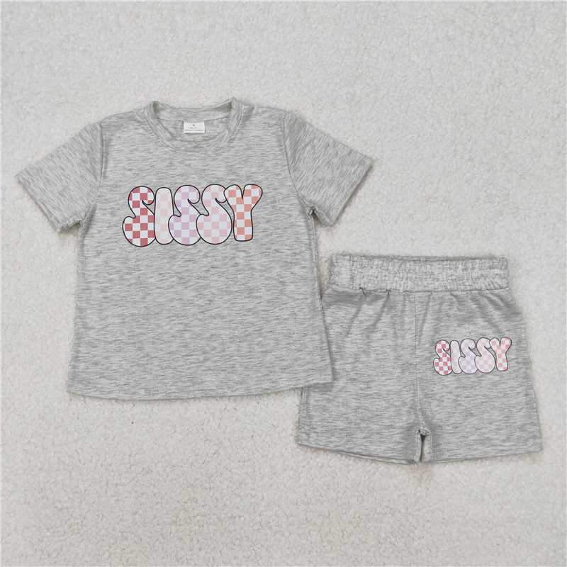 RTS NO MOQ Sibling Vinyl Baby Boys Bubs Top And Grey Sports Shorts Set Vinyl Baby Girls Sissy Top And Grey Sports Shorts Outfit for Children