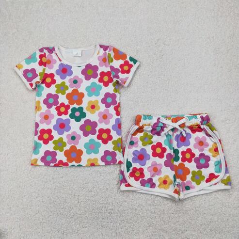RTS NO MOQ Sibling Baby Girls Short Sleeve Pajamas Set Colorful Flowers Cactus Top with Shorts