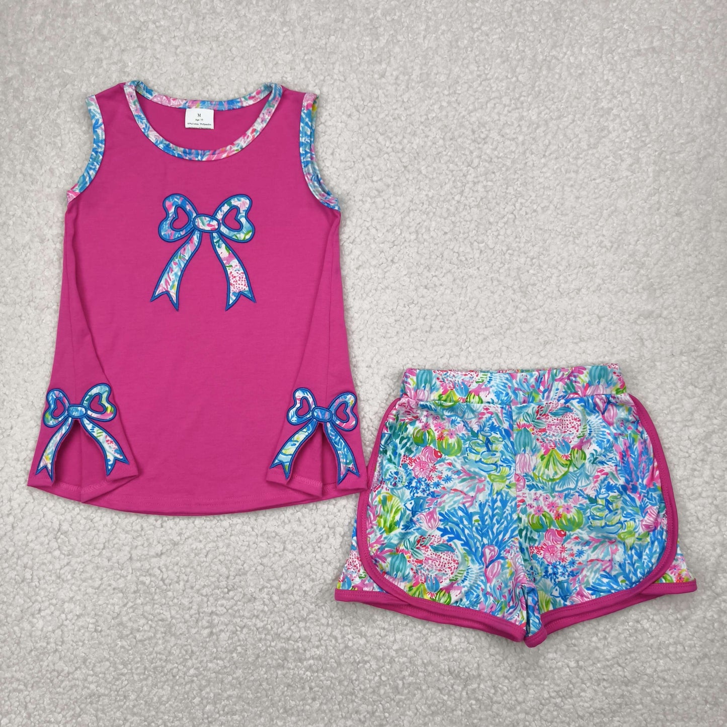 RTS NO MOQ GSSO2149 Embroidered seaweed bow rose red sleeveless shorts set