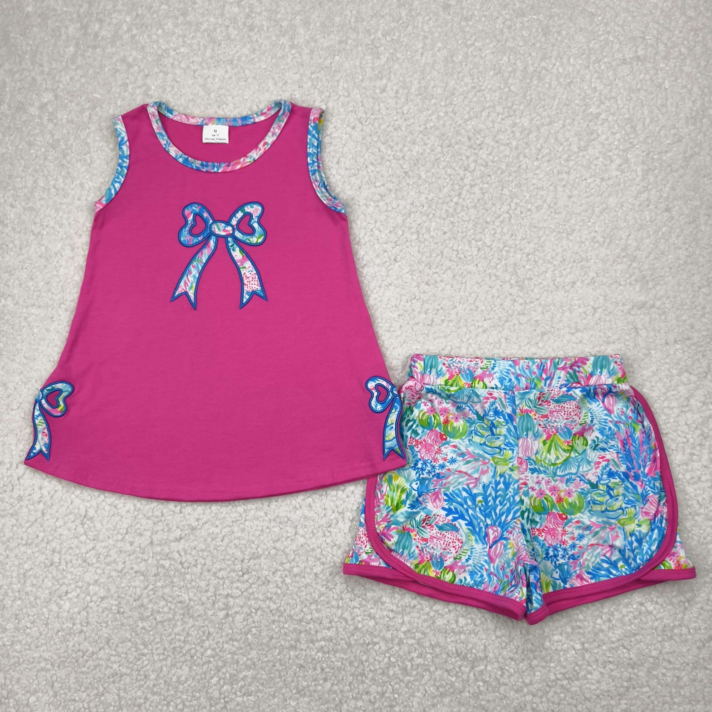 RTS NO MOQ GSSO2149 Embroidered seaweed bow rose red sleeveless shorts set