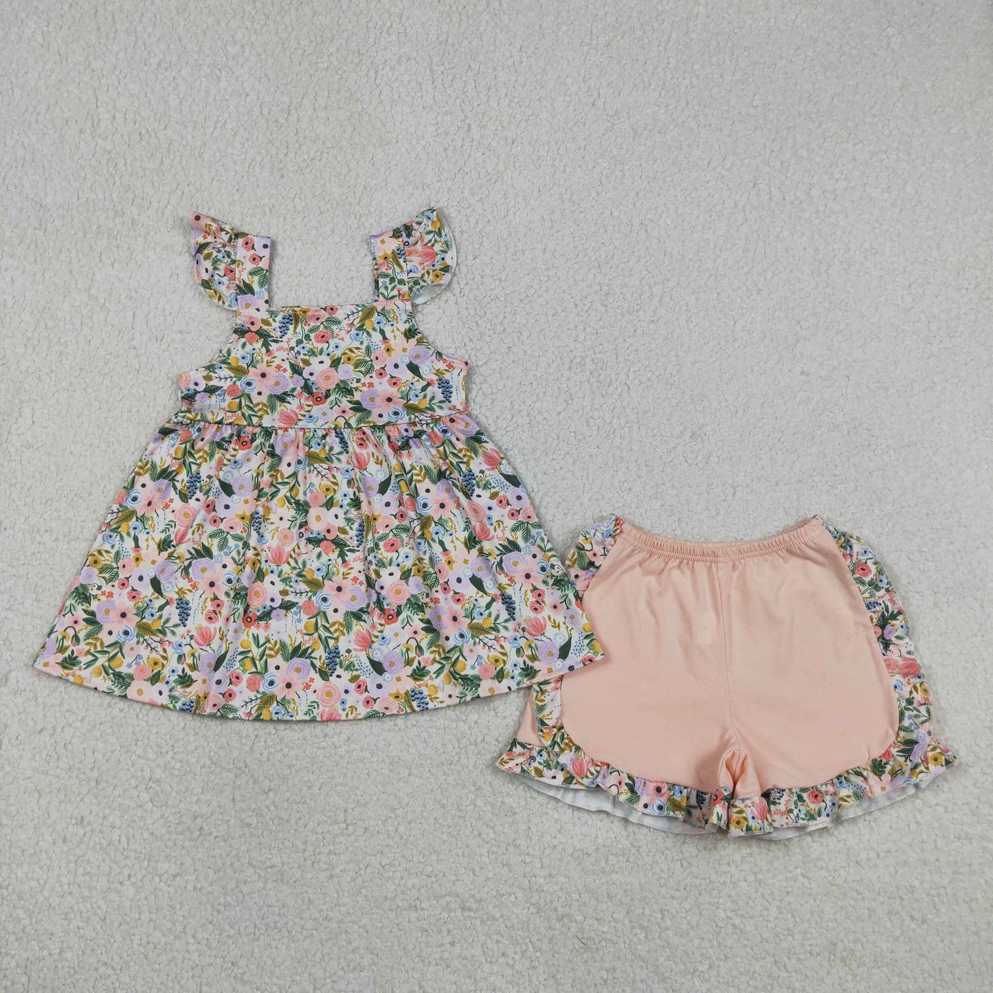 RTS NO MOQ milk silk GSSO2180 Baby Girls Colorful Flowers Flutter Sleeve Tunic Ruffle Shorts Sets