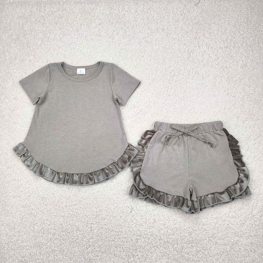 RTS NO MOQ GSSO2182 Pure gray green lace short sleeve shorts suit