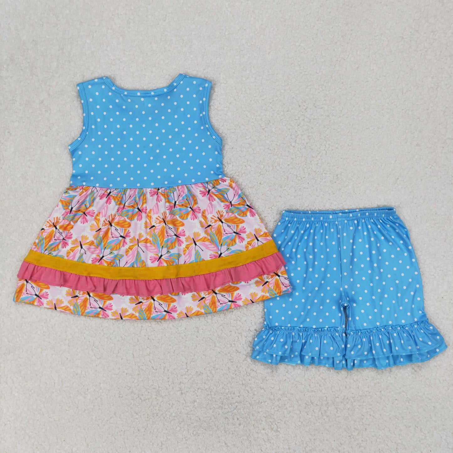 RTS NO MOQ GSSO2199 Butterfly pink lace polka dot sleeveless shorts set