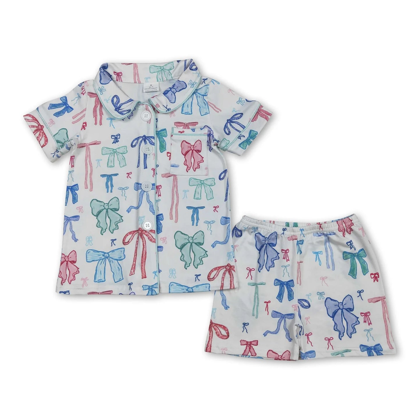 RTS NO MOQ Sibling milk silk Baby Girls Colorful Bow Button Pocket Short Pajama Set