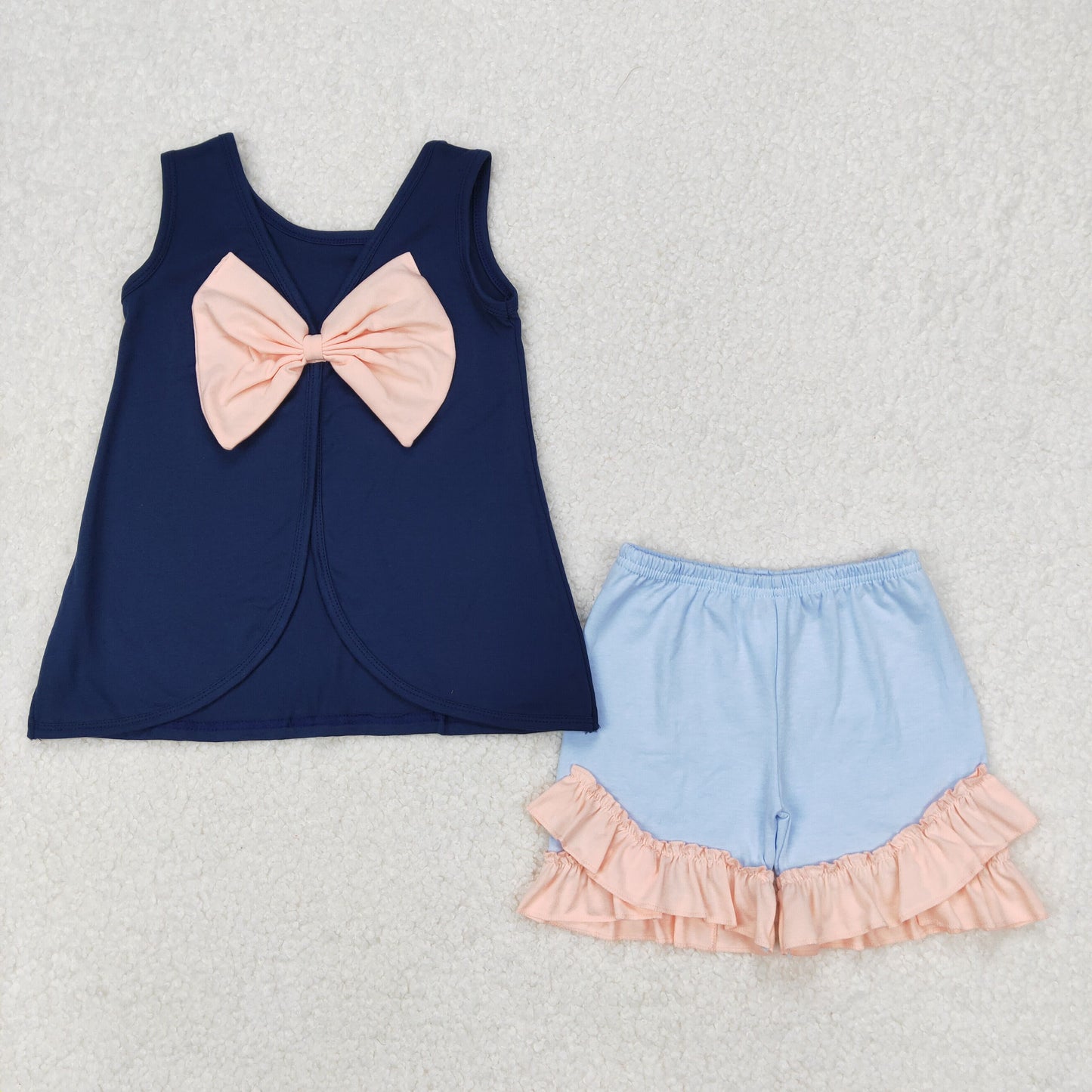 RTS NO MOQ ETA 5/7days Arrived GSSO2272 Pure Bow Navy Blue Sleeveless Powder Blue Shorts Set