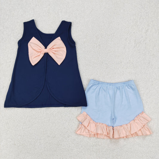 RTS NO MOQ ETA 5/7days Arrived GSSO2272 Pure Bow Navy Blue Sleeveless Powder Blue Shorts Set