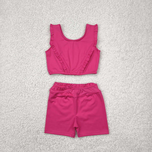 RTS NO MOQ GSSO2284 Pure rose red lace vest shorts yoga set