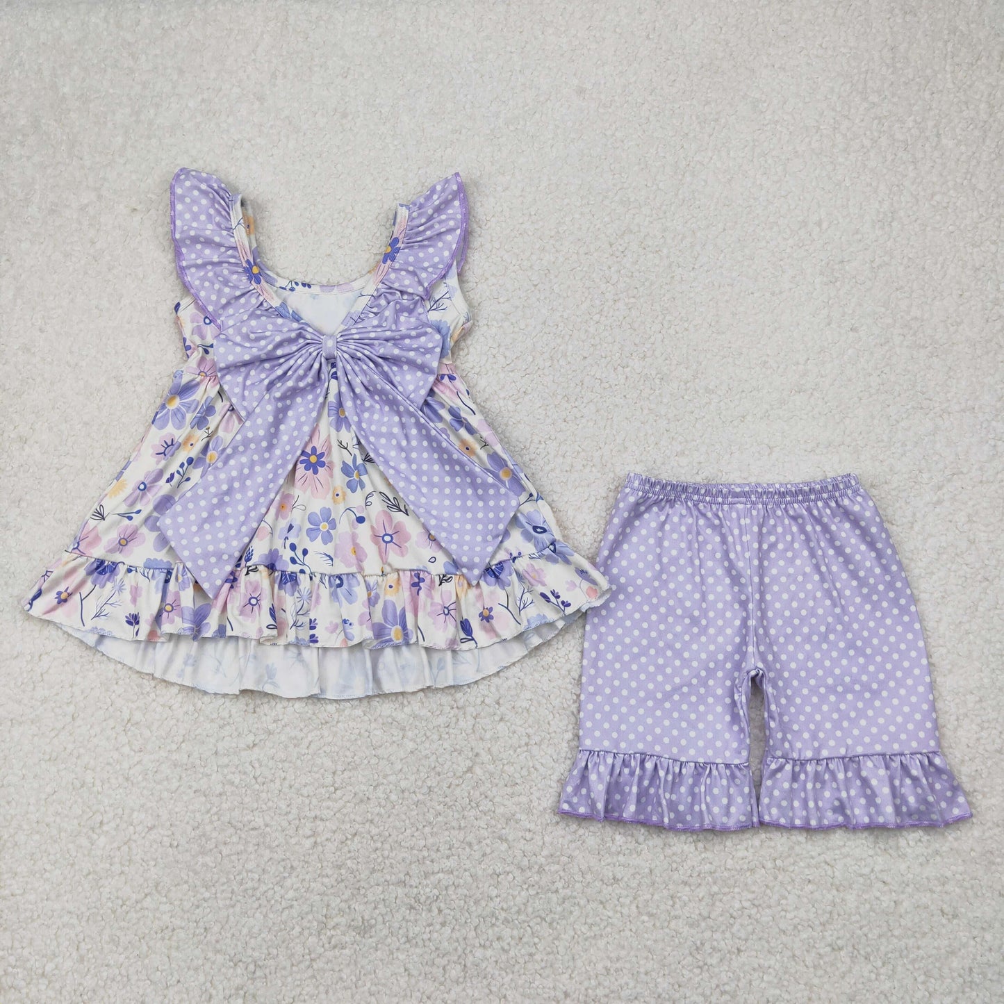 RTS NO MOQ GSSO2306 Blue flower polka dot lace bow beige sleeveless shorts set
