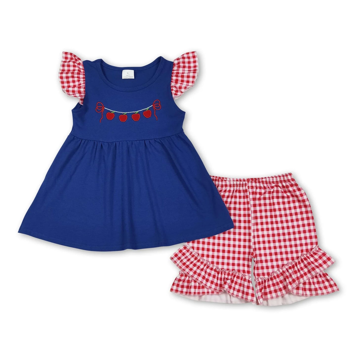 RTS NO MOQ Sibling milk silk Baby Girls Back To School Apple Pencil Print Tunic Top Shorts Set