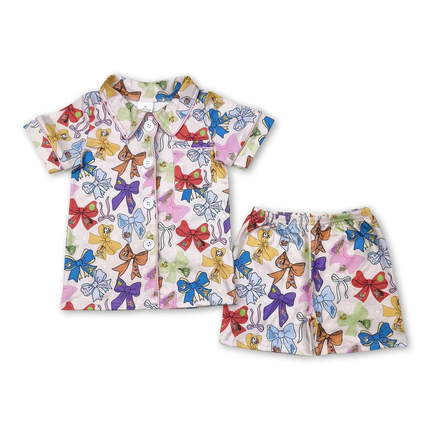 RTS NO MOQ Sibling milk silk Baby Girls Colorful Bow Button Pocket Short Pajama Set