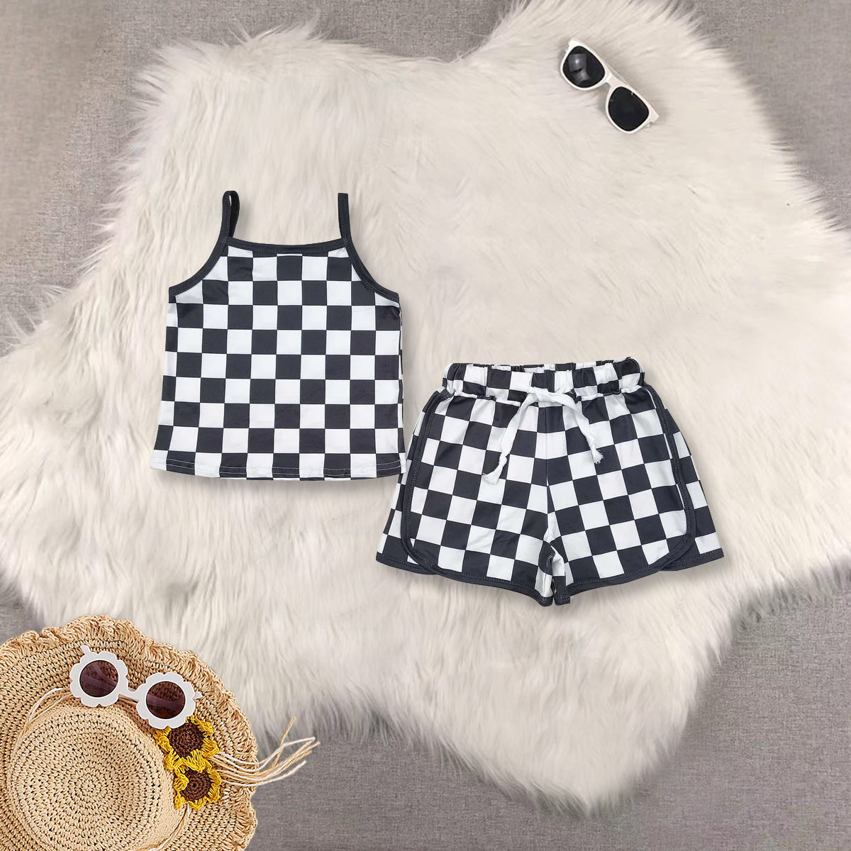 RTS Sibling baby girl clothes plaid Short Sleeve Shorts sets