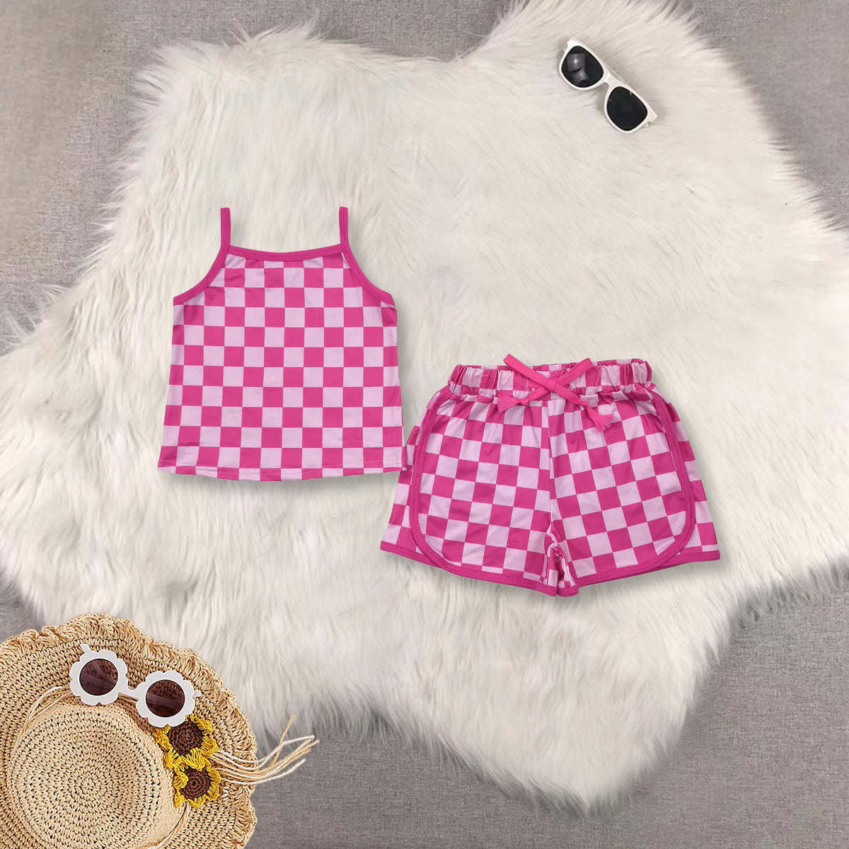 RTS Sibling baby girl clothes plaid Short Sleeve Shorts sets